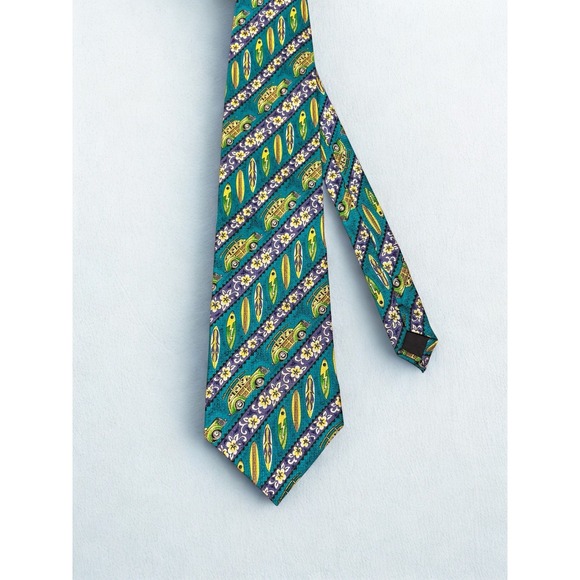 Vintage Hawaii Other - Vintage Hawaii Surf Tie 100% Silk Surf Board Vintage Car FUN RETRO Blue/Green